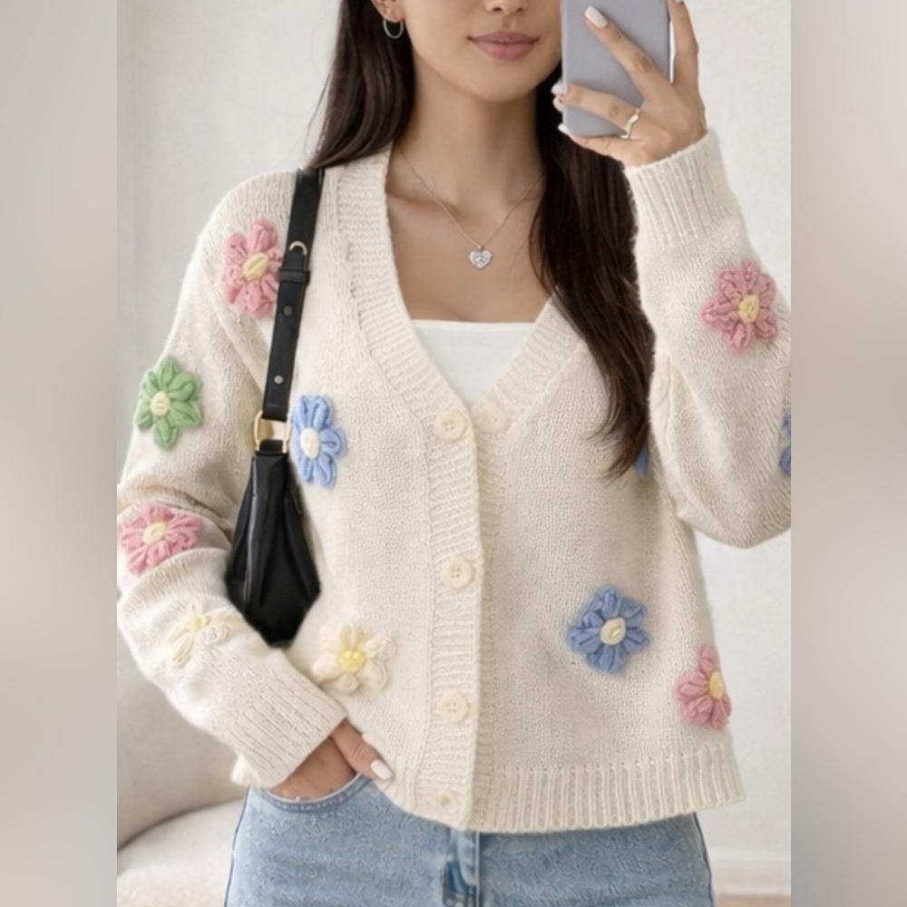 NEW Blossom Knit Cardigan Cream FloralButton-Up SweaterEmbroidered Cardigan - Picture 2 of 8